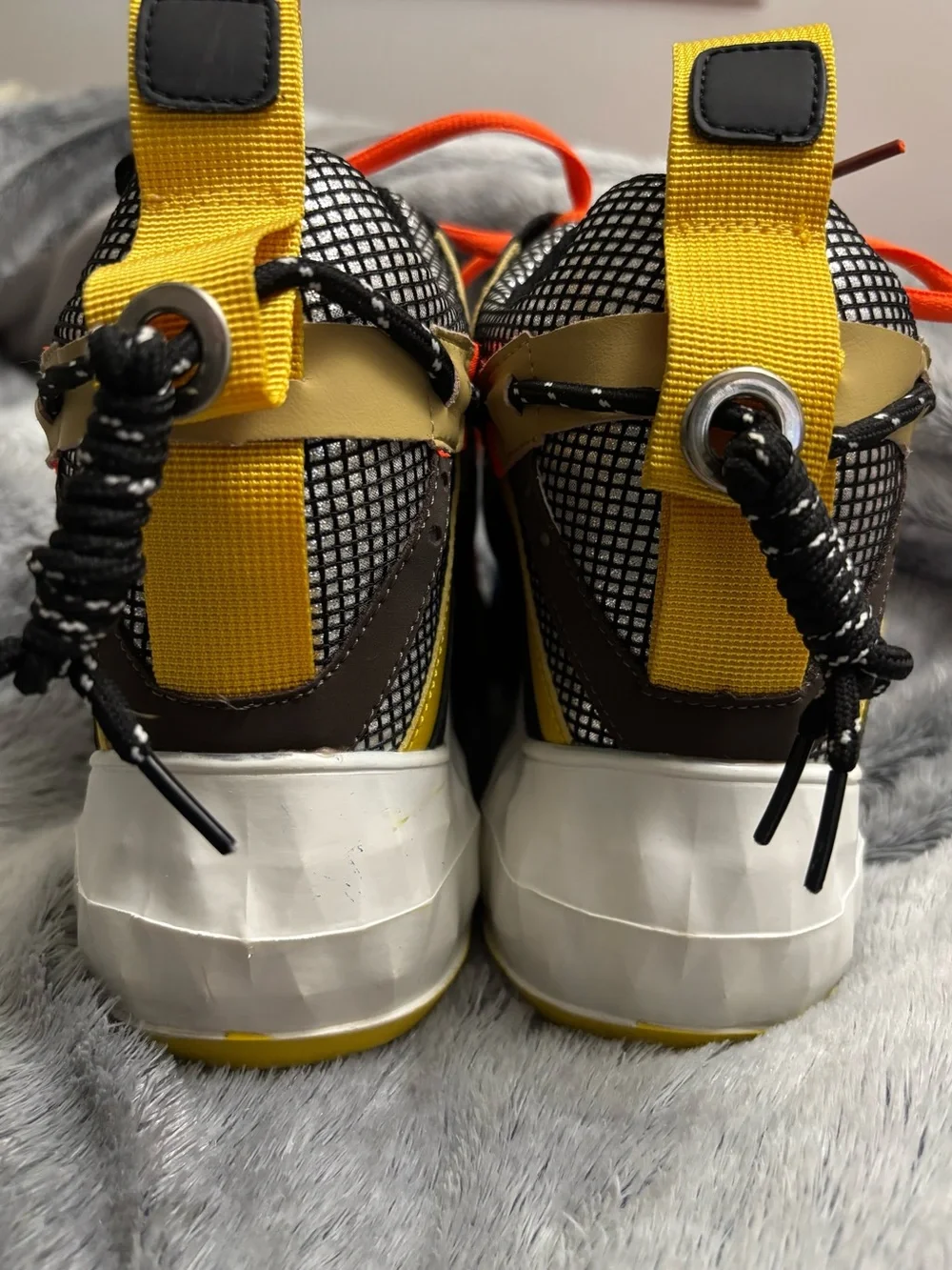 Youth White Sneakers with Blue & Yellow Soles and Orange Laces